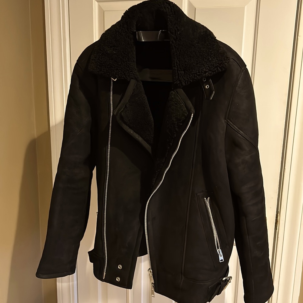 ALLSAINTS Sheepskin Black Jacket with Silver Zippers and Buckles. Men’s XL